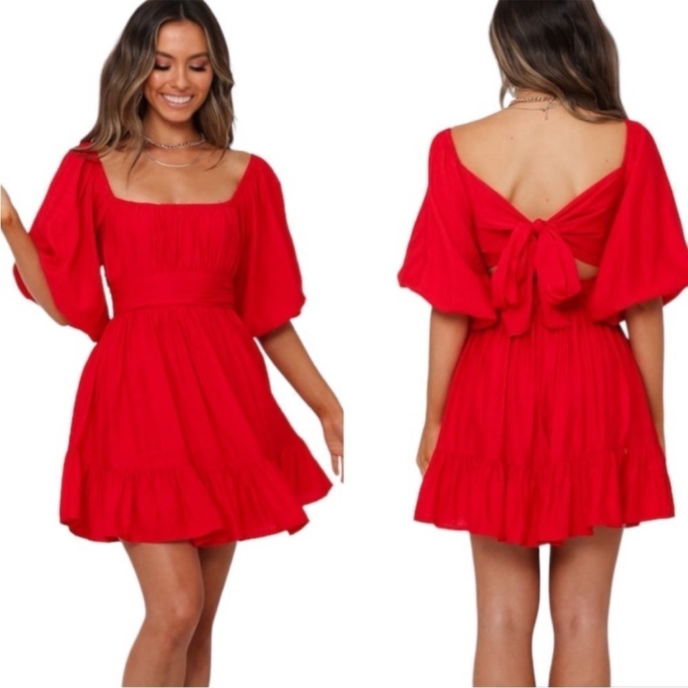 Hello Molly This is Espionage Red Tie Waist Bow Detail Puff Sleeve Mini Dress L